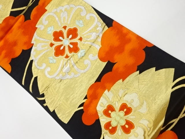 JAPANESE KIMONO / VINTAGE FUKURO OBI / WOVEN CLOUD & FLOWER CREST